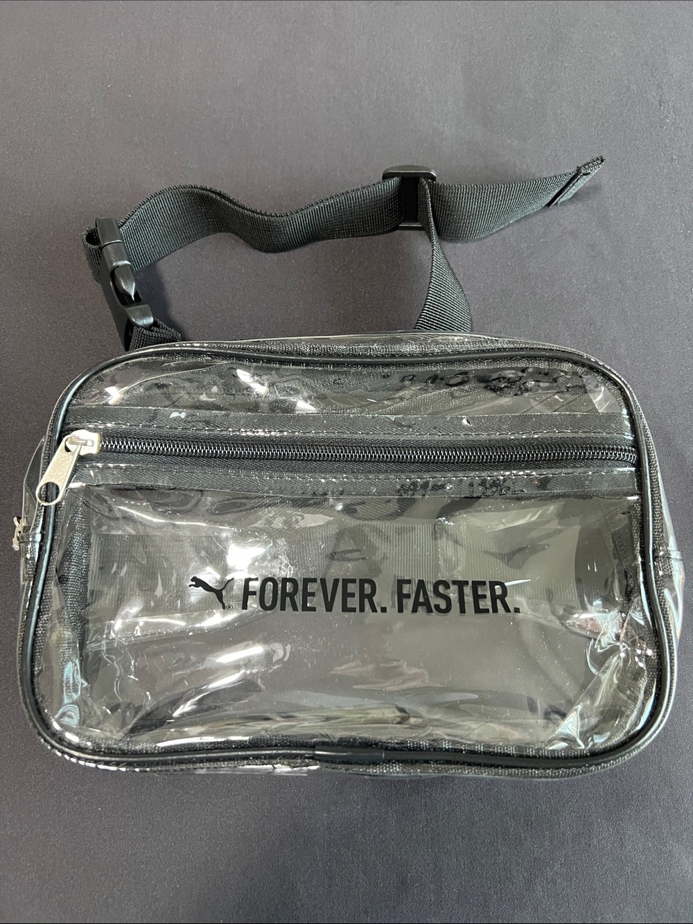 NWOT Puma Black Clear Belt Bag with 'Forever. Faster.' Print
